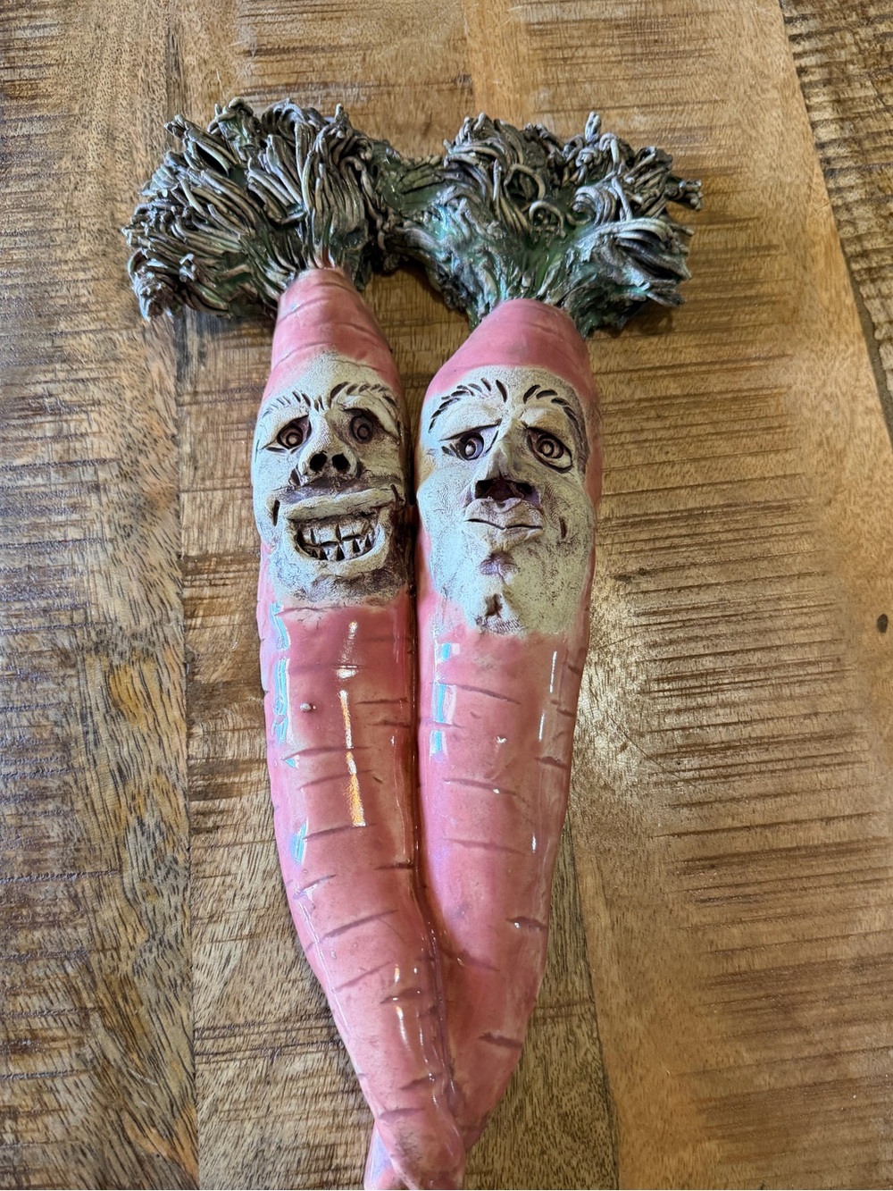 2 Face Anthropomorphic 3D Carrots Signed Clay Pottery Vintage 2000, 12.5”x5” EUC